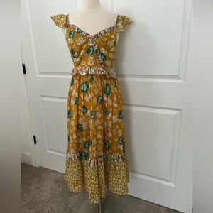Gorgeous RENE DERHY size S Cotton Block Print Floral Leopard Ruffle Midi Dress